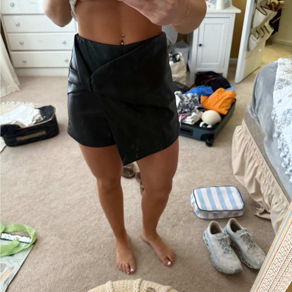 Black leather wrap mini skort